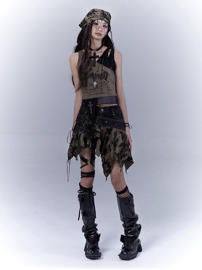 Army Green Lace-up Shoulder Asymmetrical Hem Wasteland Punk Tank Top