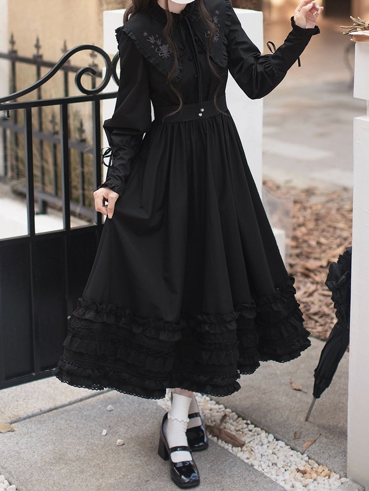 Floral Embroidery Collar Lace-up Detail Black Vintage Leg-of-Mutton Sleeves Dress