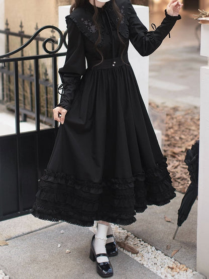 Floral Embroidery Collar Lace-up Detail Black Vintage Leg-of-Mutton Sleeves Dress