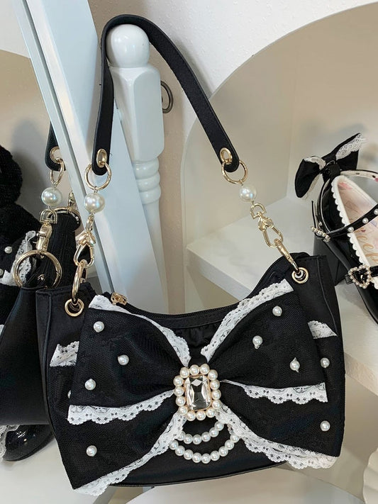 Beads & Rhinestone Decor Bow Accent Satin Black Shoulder Bag in Sweet Lolita