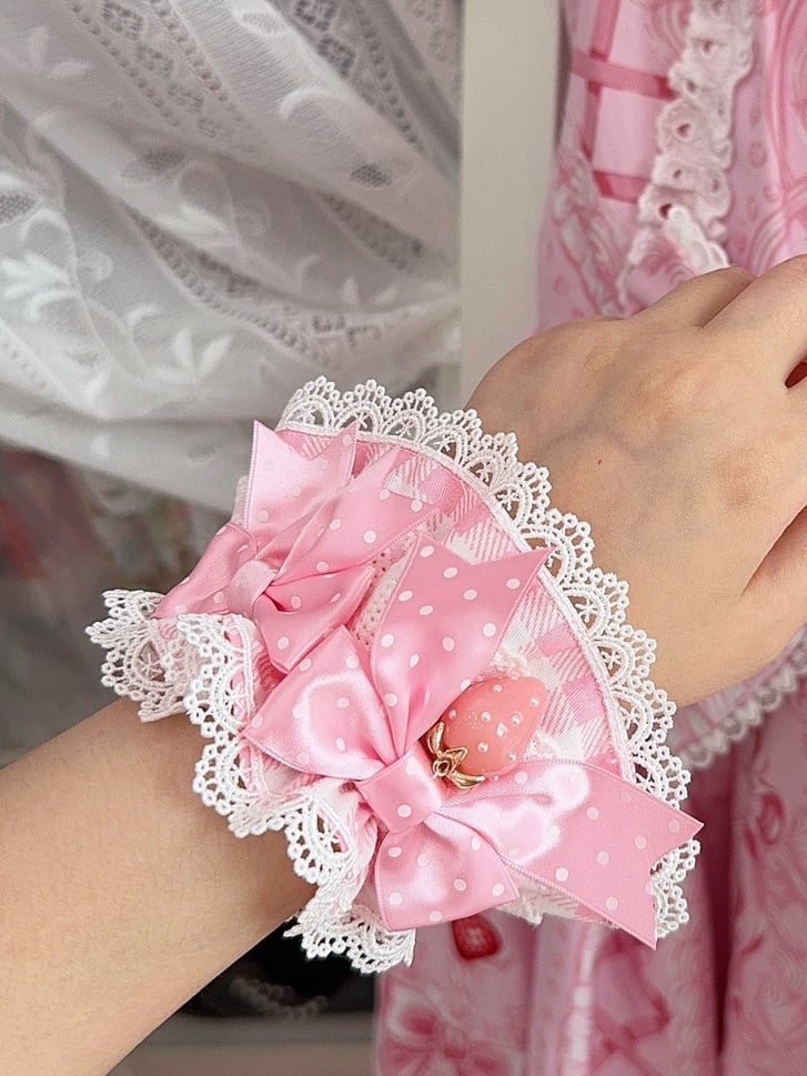 3 Color Options Strawberry Charm Polka-dot Bowknot Details Lace Trim Plaid Pattern Wrist Cuffs