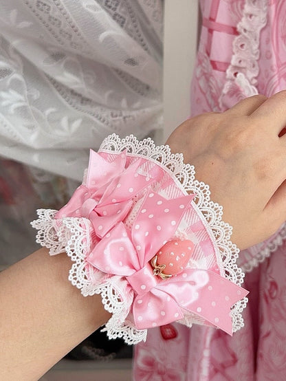 3 Color Options Strawberry Charm Polka-dot Bowknot Details Lace Trim Plaid Pattern Wrist Cuffs