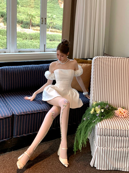 Pink/White Rhinestone Floral Decorated Over-knee Stockings