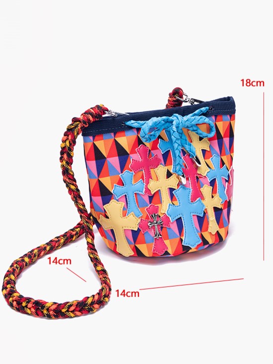Colorful Diamond Pattern Crossbody Bag With Cross Accents & Multicolor Braided Strap