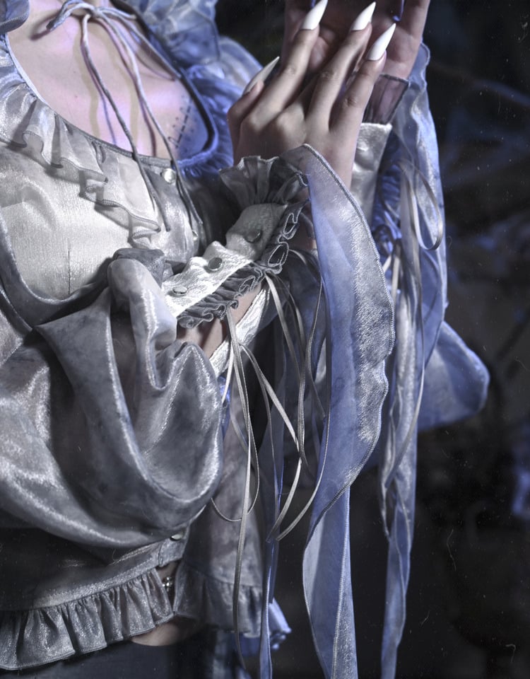 Corpse Bride Ruffle High Neck Dusty Blue Tie Dye Fabric Victorian Goth Long Bishop Sleeves Chiffon Shirt