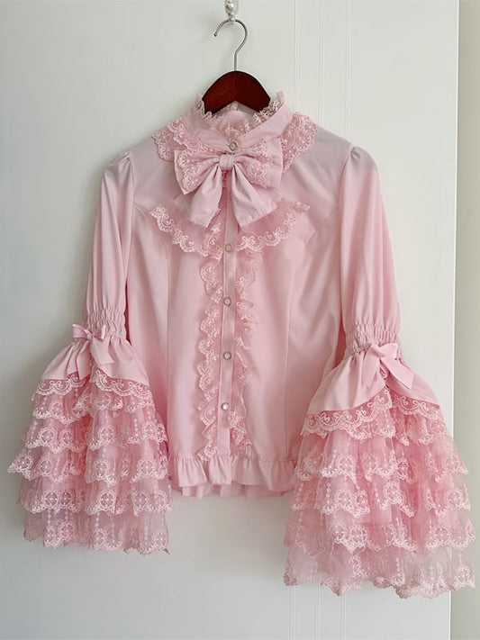 Pink Layered Lace Bell Sleeves Lolita Blouse