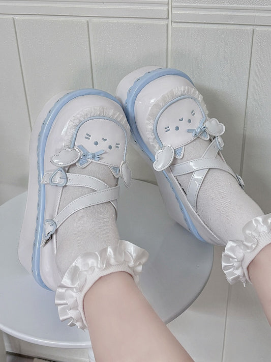 Yume Kawaii Blue & White Round Toe Kitty Angel Heart Buckle Platform Lolita Shoes