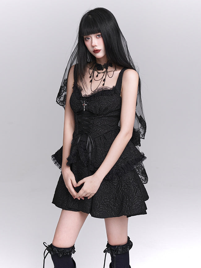 Black Sweetheart Neckline Lace-up Front Tiered Skirt Gothic Sleeveless Dress