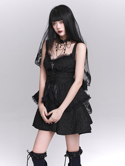 Black Sweetheart Neckline Lace-up Front Tiered Skirt Gothic Sleeveless Dress