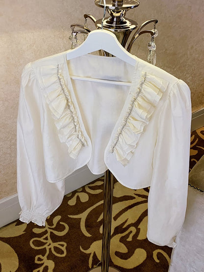 Plus Size Apricot Ruffled Trim Open Placket Rhinestone Embellished Top