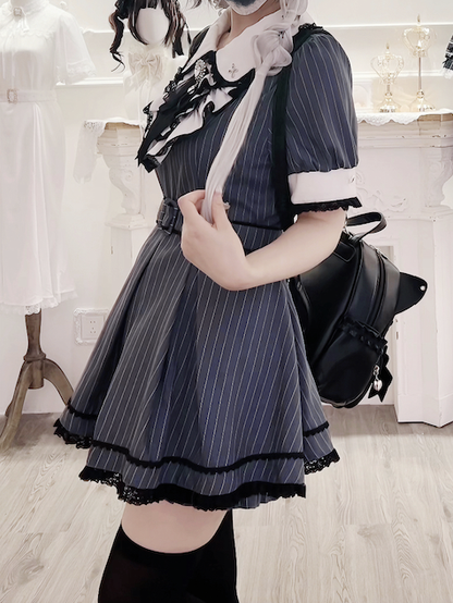 Peter Pan Collar Top with Shorts Dark Blue Stripes Maid Jirai Kei Set
