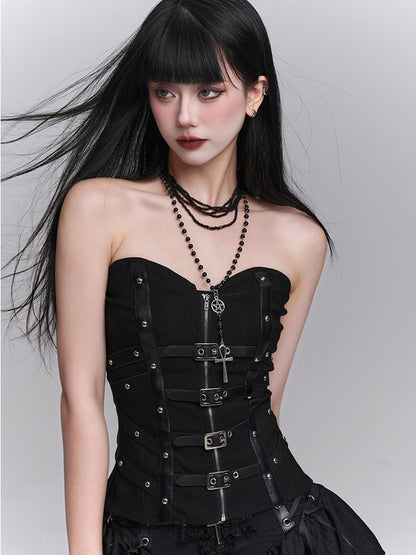 Black Criss-Cross PU Straps Front Zipper and Buckles Placket Studded Strapless Top