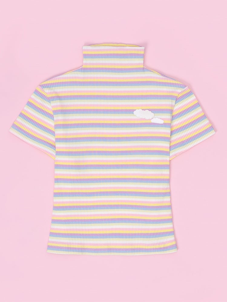 High Neck Pastel Rainbow Striped Short Sleeves T-shirt with Cloud Patch