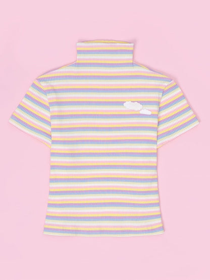 High Neck Pastel Rainbow Striped Short Sleeves T-shirt with Cloud Patch