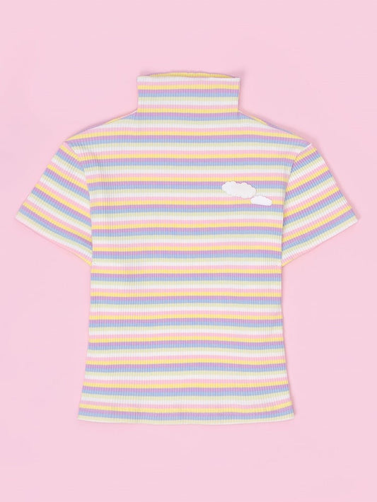 High Neck Pastel Rainbow Striped Short Sleeves T-shirt with Cloud Patch