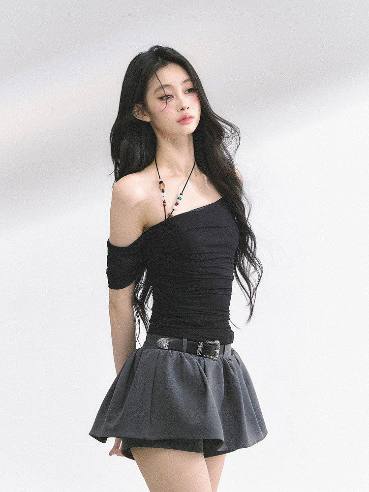 White/Black Asymmetrical Neckline Slim-fitting T-shirt Beaded Halter Top