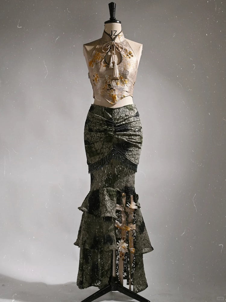 Drop Cutout Neckline with Cheongsam Halter Collar Chinoiserie Cropped Top