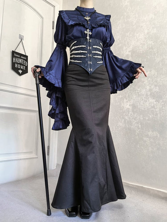 Hand bone Embroidery Dark Blue Gothic Lolita Snakeskin-grain Leather Corset Belt