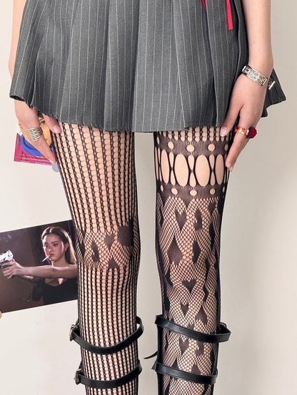 Black/White/Gray/Brown Asymmetrical Design Cut-out Details Tights