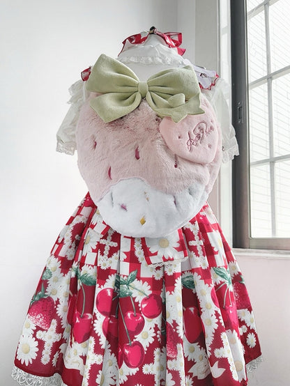 Red / Pink / Black Plush Strawberry Backpack, Convertible Crossbody Bag with Adjustable Strap