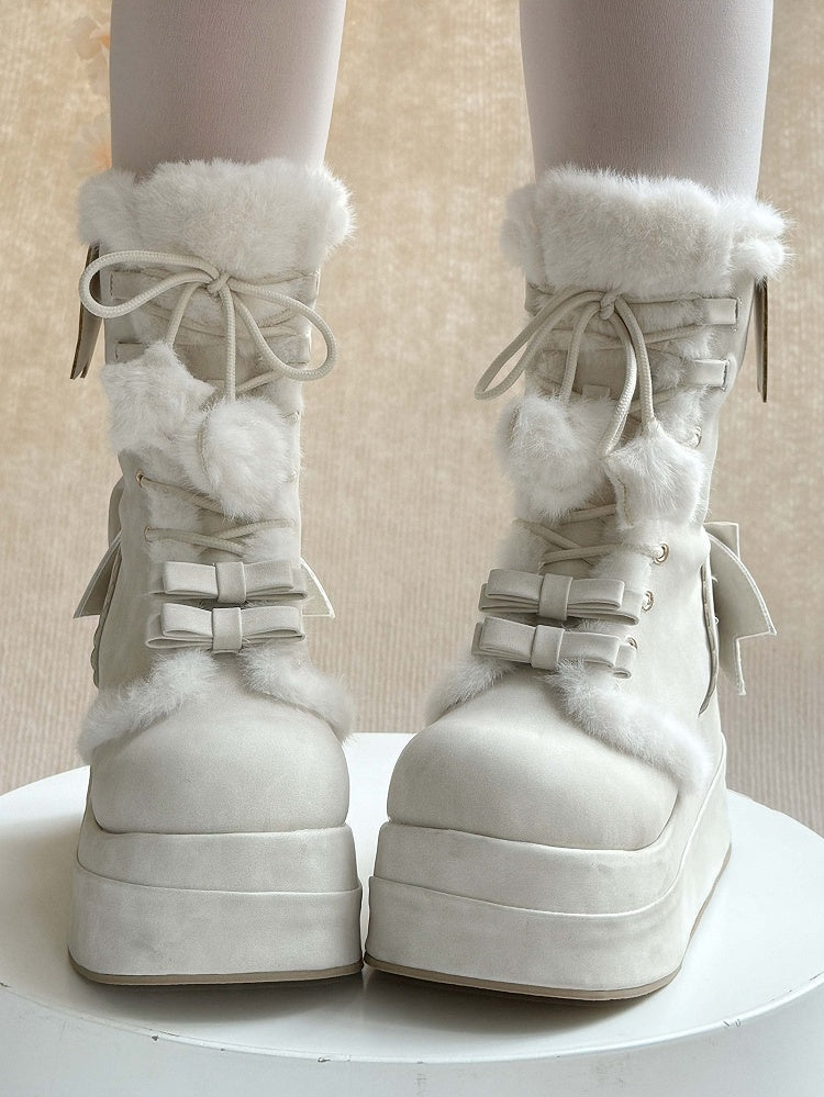 Platform Sweet White Winter Boots for Lolita - Fleece Lining with Heart And Star Pompon Charm Shoelaces & Bow Decor