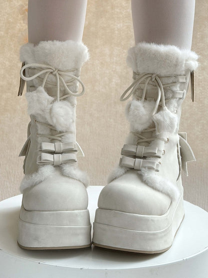 Platform Sweet White Winter Boots for Lolita - Fleece Lining with Heart And Star Pompon Charm Shoelaces & Bow Decor