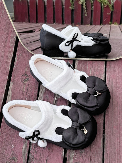 Black Sweet Lolita Heart Charm Plush Bunny Ear Bow at Top Round Toe Shoes