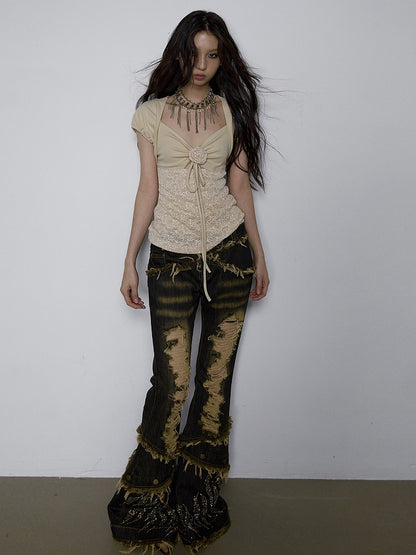 Floral Design Light Khaki Butterfly Jacquard Top