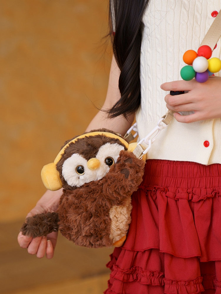 Brown Cute Plush Owl Backpack/Crossbody Bag+ Keychain