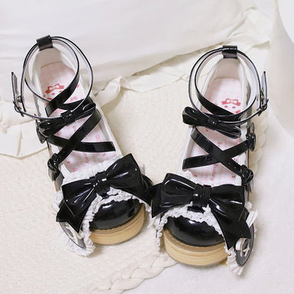 Polished Black Bunny Ear Bowknot Old School Sweet Lolita Platforms
