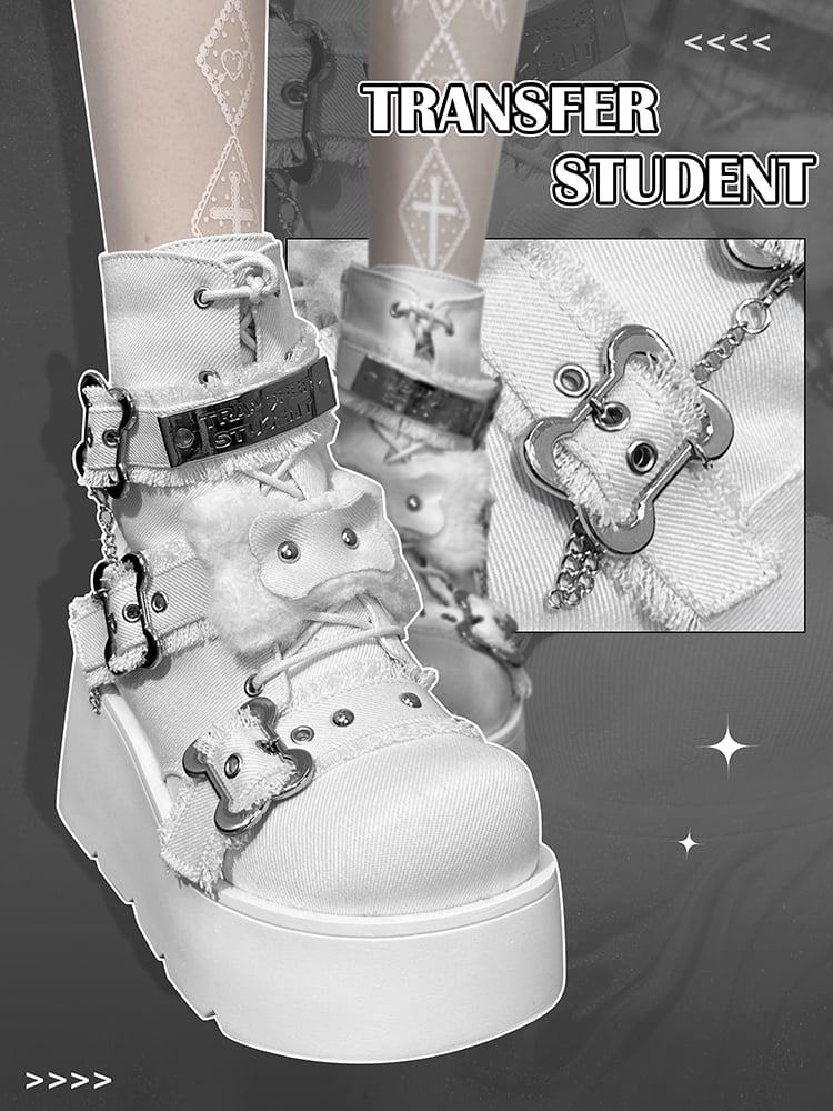 Buckle Straps Plush Bone Decorated Denim White Punk Platform Boots