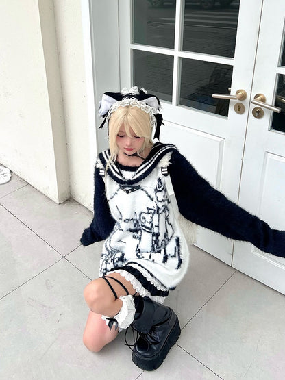 Black/Blue/Pink Sailor Collar Plush Sweater with Cartoon Girl Design - Oversized Fit