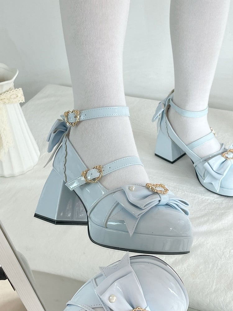 Light Blue Bow Accent Crisscross Design Lolita Platform High Block Heels