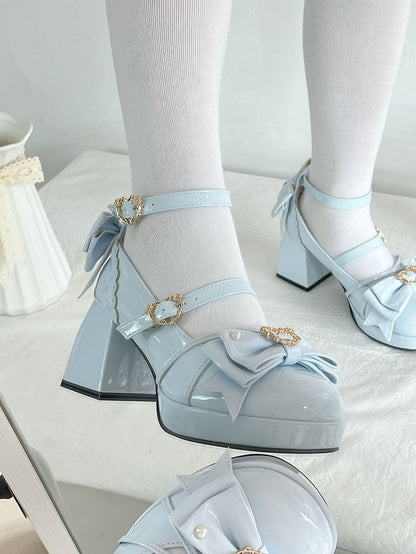 Light Blue Bow Accent Crisscross Design Lolita Platform High Block Heels