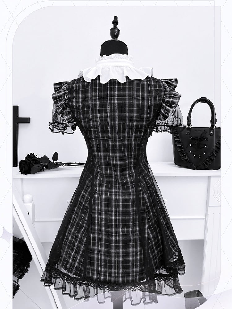 Jirai Kei Flutter Sleeves Heart Buckles Waist Black Plaid Dress with Mesh Overlay