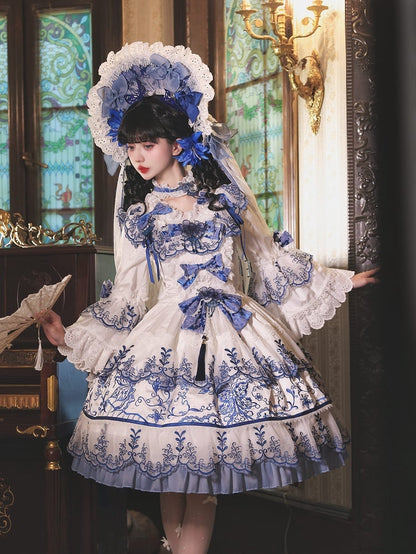 Butterfly Fabric Blue and White Porcelain Embroidery Chinoiserie Style Lolita Dress Short Version