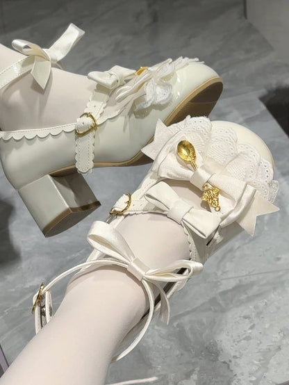 Clearance-Size 39 Sweet Lolita Beige Scoop Decorated Bowknot Details Round-Toe High Block Heels Mary Janes