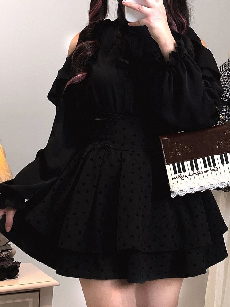 Dark Sweetness Tiered Skirt: Jirai Kei High Waist with Heart Polka Dot Pattern