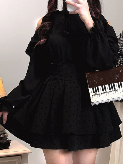 Dark Sweetness Tiered Skirt: Jirai Kei High Waist with Heart Polka Dot Pattern