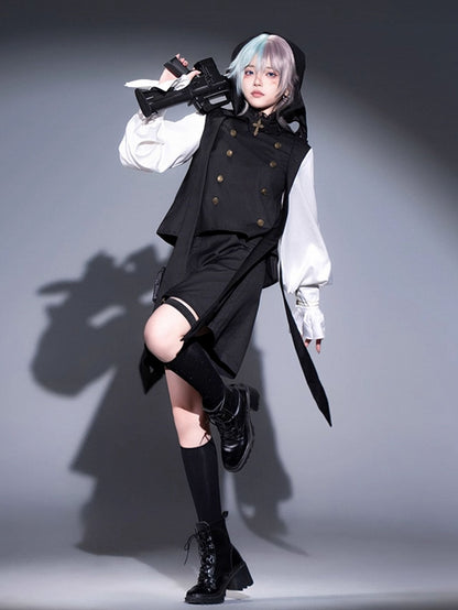 Ouji Lolita White and Black Five-Piece Set - Lace Collar Top + Detachable Pointed Hood + Ribbons + Shorts + Garter