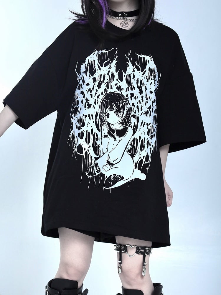 Black Jirai Kei Oversized Cartoon Girl Print T-shirt