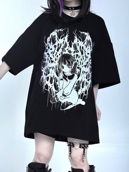 Black Jirai Kei Oversized Cartoon Girl Print T-shirt