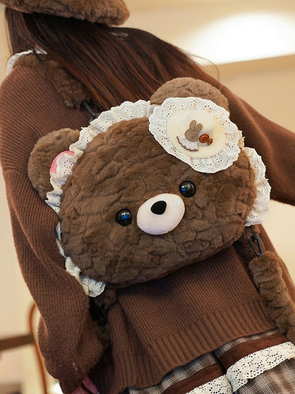 Brown Bear-shaped Lace Design Plush Backpack