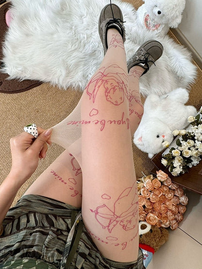 Nude Cupid And Letter Print Tights