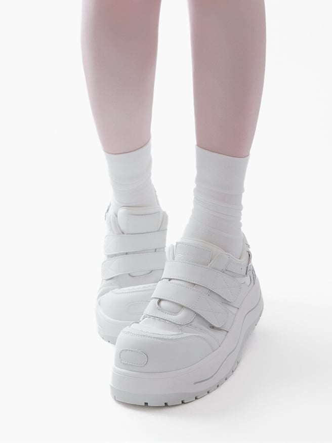 White Velcro Strap Closures Platform Sneakers