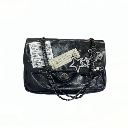 Black Vintage Motorcycle Shoulder Bag - Star-Studded with Oil Waxed Leather & Chain