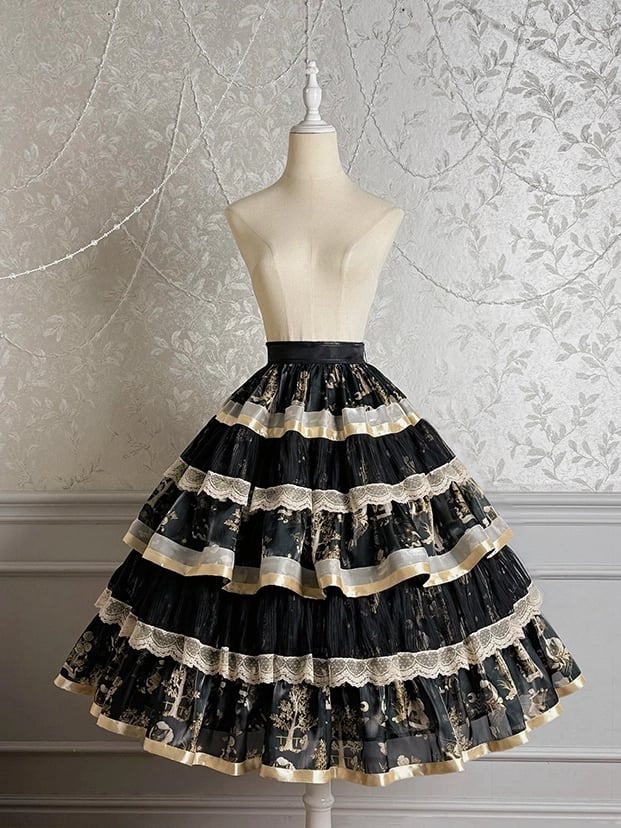 Black and Gold Bunny and Kitty Print Lolita Tiered Ruffle Skirt
