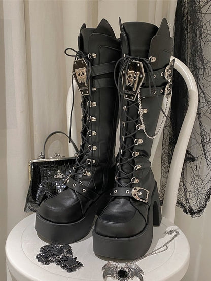 Ghost Cat Black High Block Heel Boots with Detachable Chain