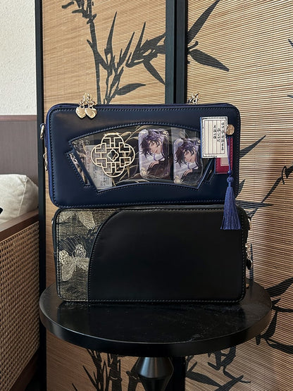 Dark Blue Embroidered Bamboo Leaf Cheongsam Style Ita Shoulder Bag with Fringe Charm