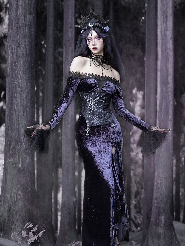 Gothic Purple Velvet High Slit Mermaid Dress